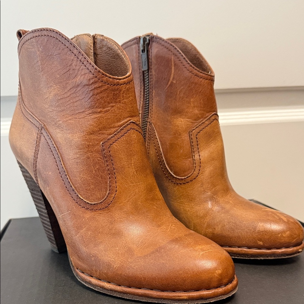 FRYE Cognac Leather High Heel Ankle Booties, only worn once